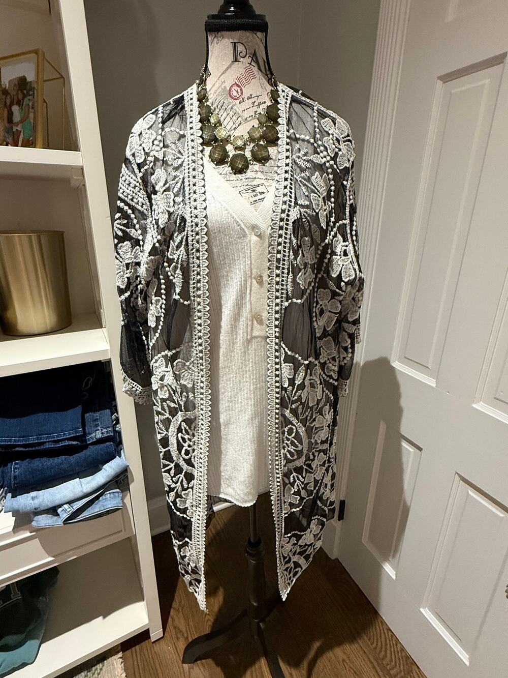 Woven Heart Duster Flowy Black and White Floral One Size
